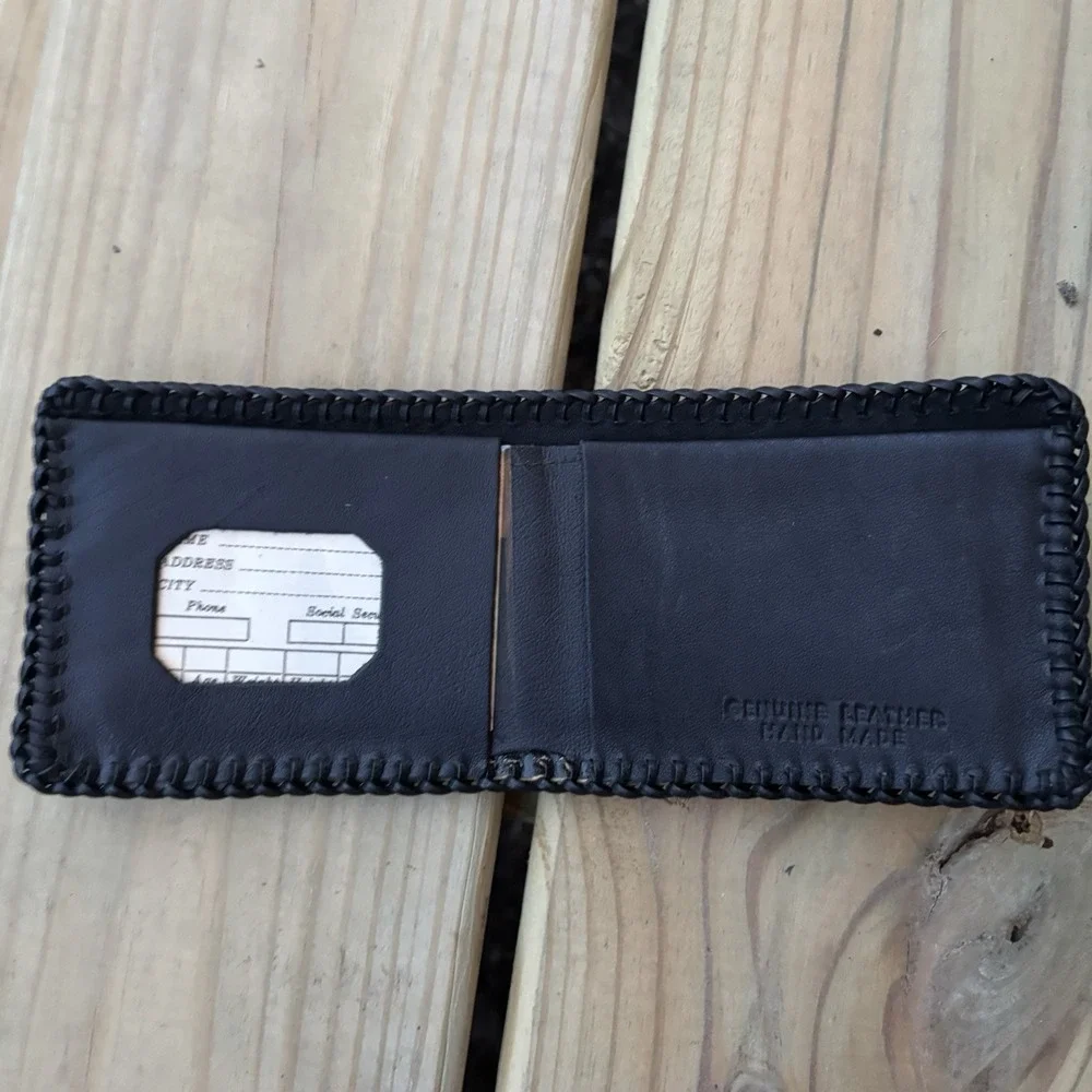 Vintage Bi-Fold Leather Wallet Whipstitch Black Genuine Leather Hand Tooled USA